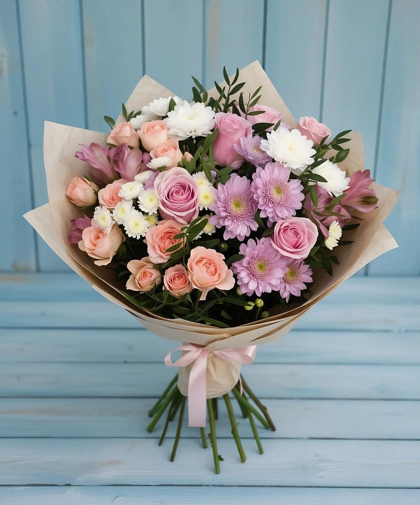 Букет цветов из: Хризантемы, Розы и Альстромерии в Пудость