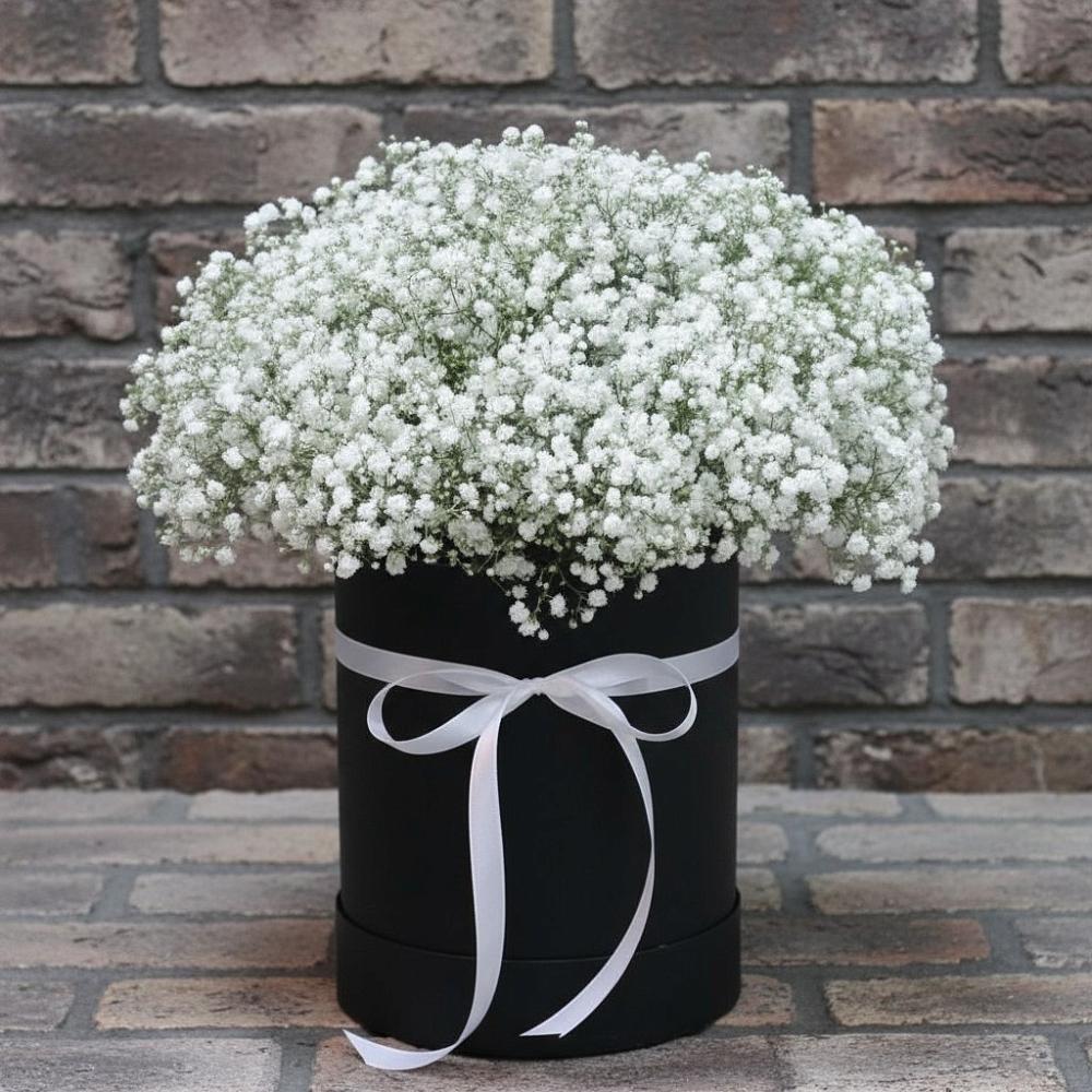 Цветочная композиция из Гипсофила в шляпной коробке в Пудость