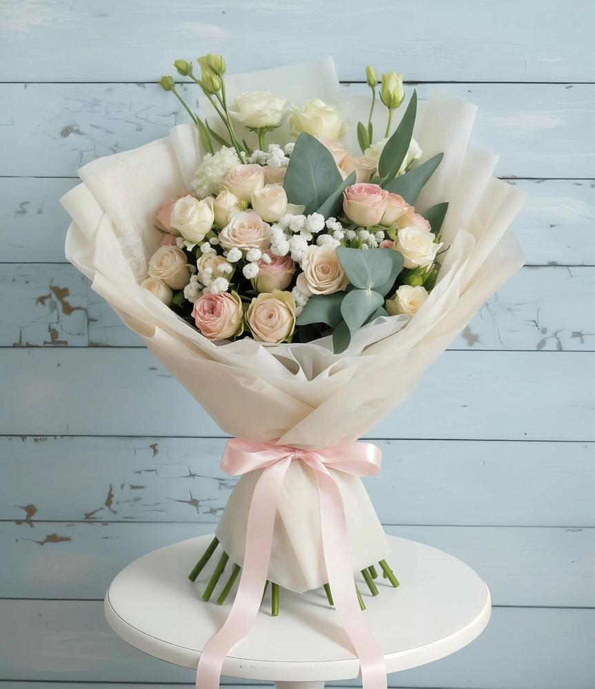 Букет цветов из: Розы и Лизиантусы в Пудость