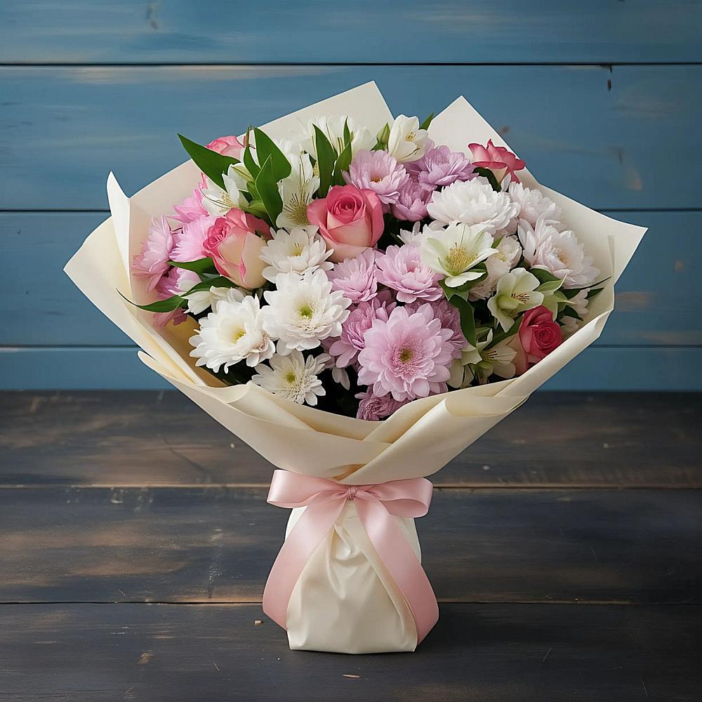 Букет цветов из: Хризантемы, Альстромерии и Розы в Пудость